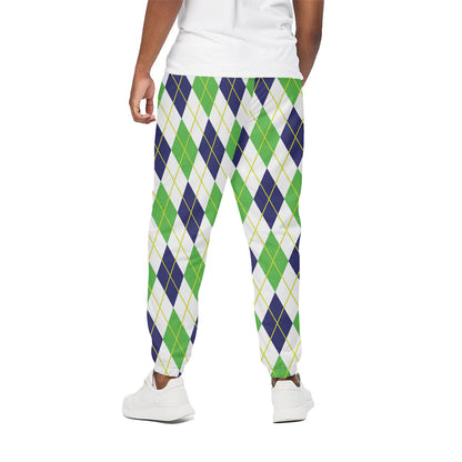 Navy Green And White Argyle Print Cotton Pants