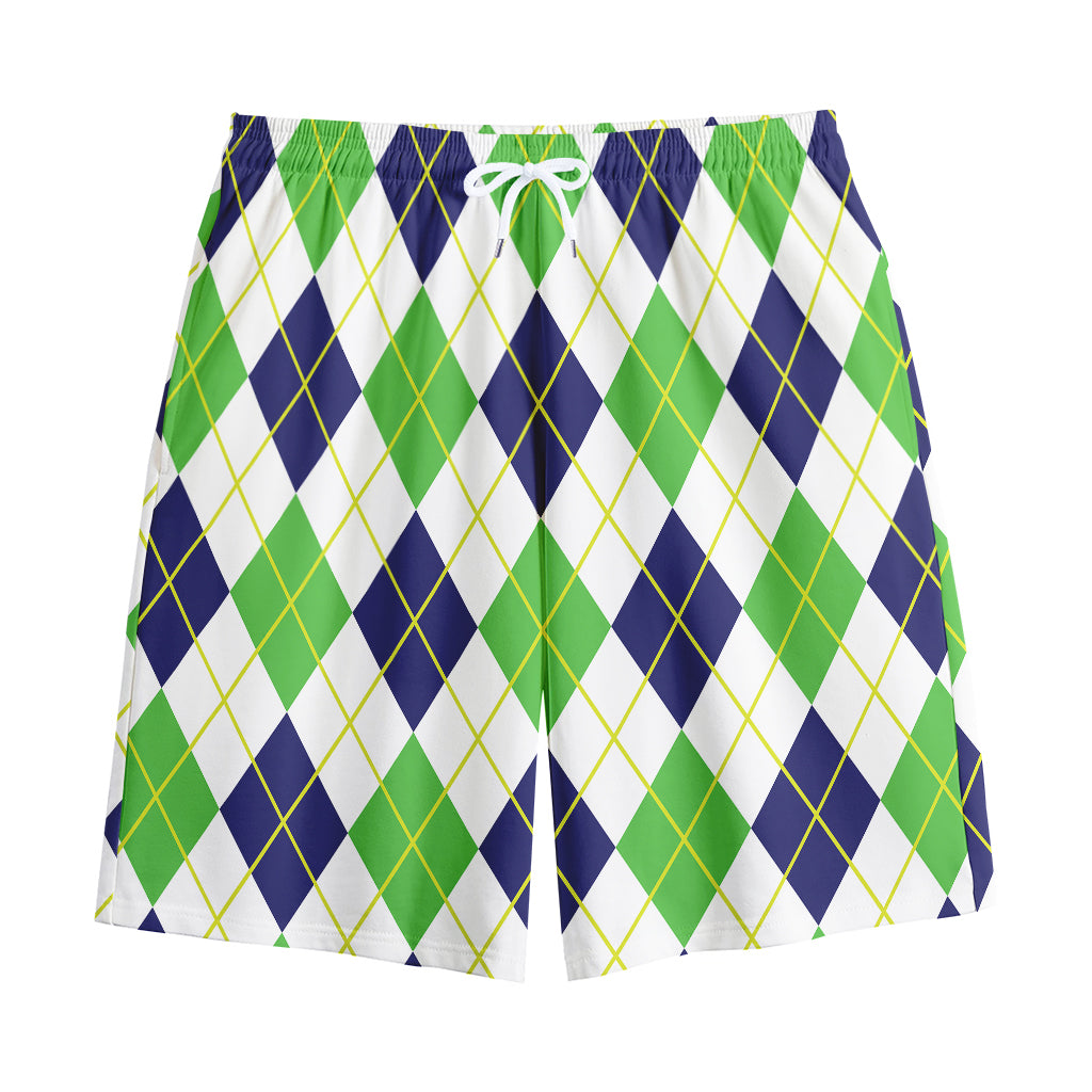 Navy Green And White Argyle Print Cotton Shorts