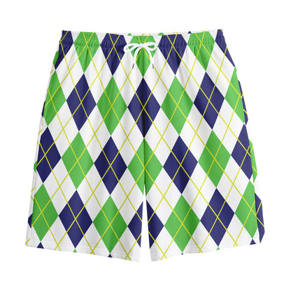Navy Green And White Argyle Print Cotton Shorts