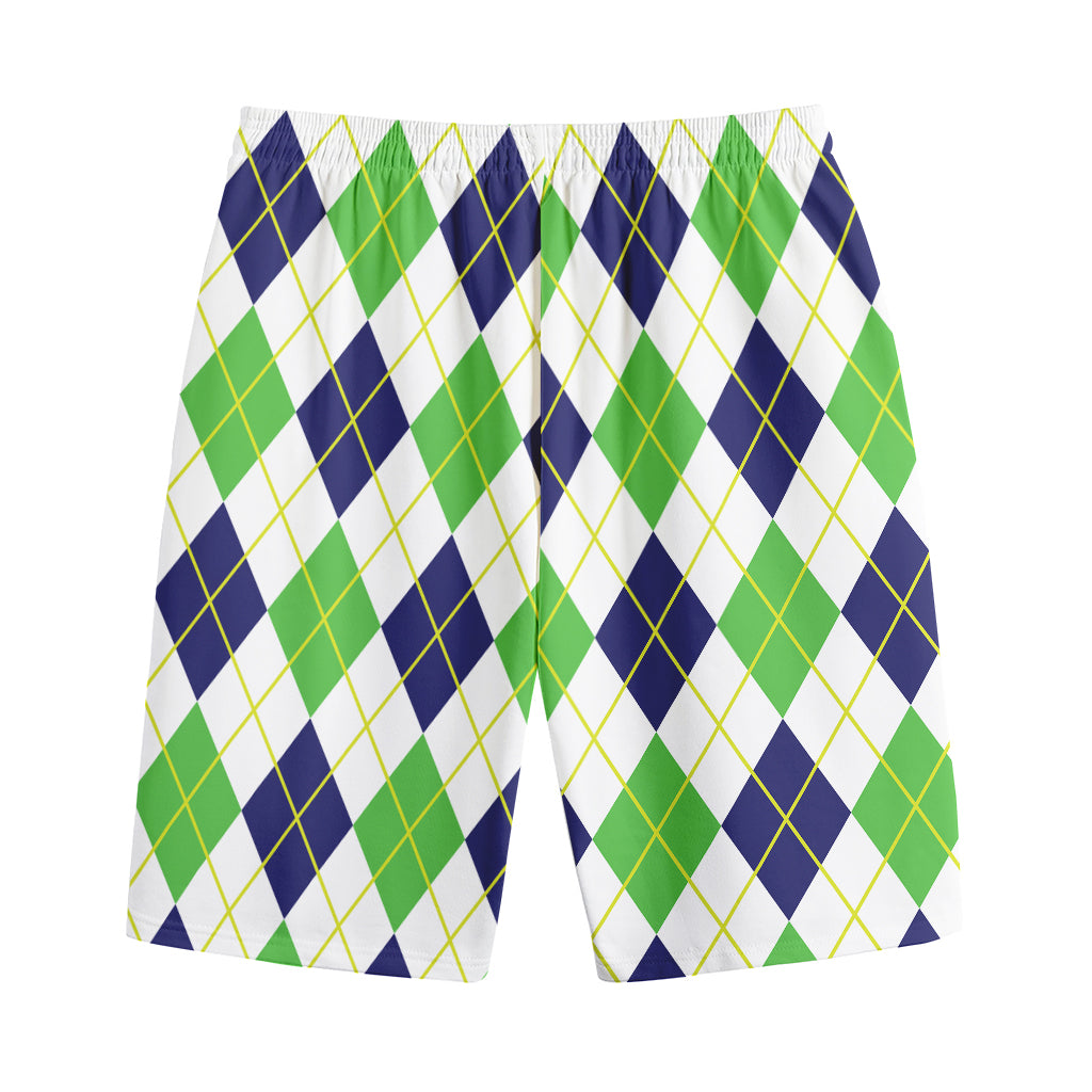 Navy Green And White Argyle Print Cotton Shorts