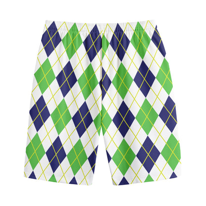 Navy Green And White Argyle Print Cotton Shorts