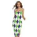 Navy Green And White Argyle Print Cross Back Cami Dress