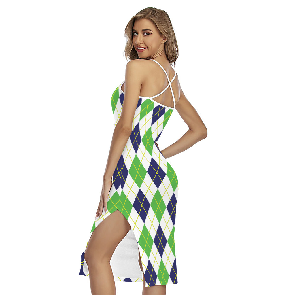 Navy Green And White Argyle Print Cross Back Cami Dress