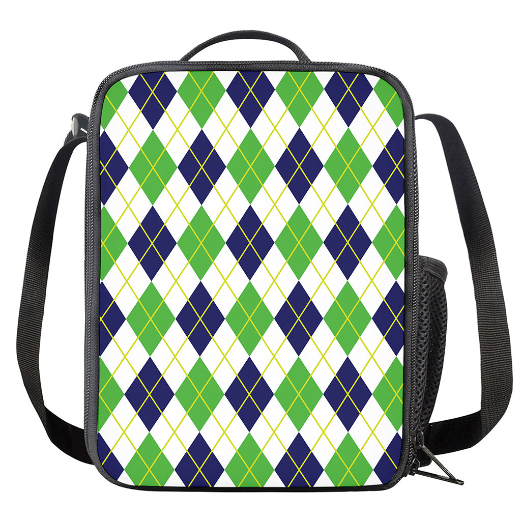 Navy Green And White Argyle Print Crossbody Lunch Bag