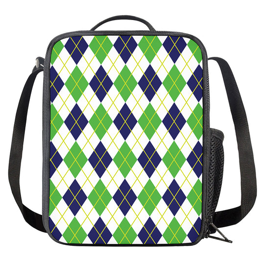 Navy Green And White Argyle Print Crossbody Lunch Bag