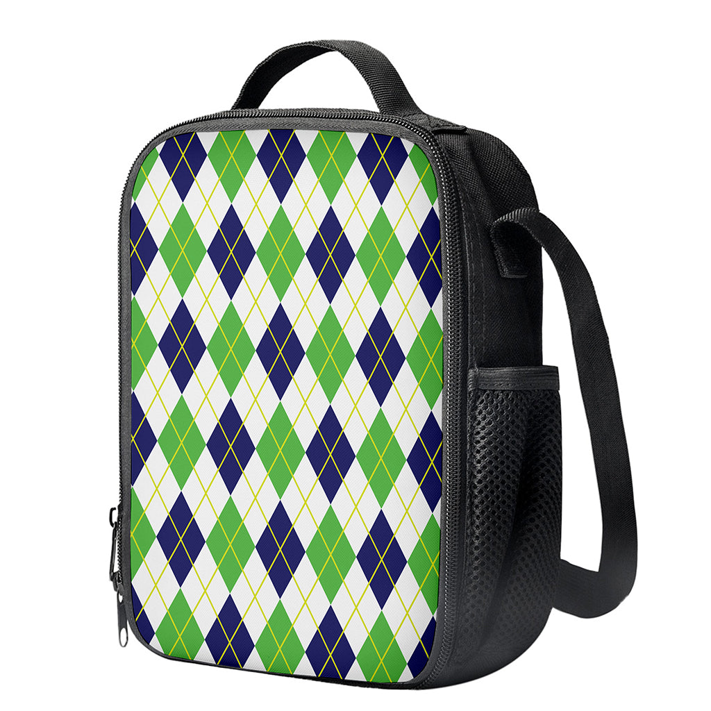 Navy Green And White Argyle Print Crossbody Lunch Bag
