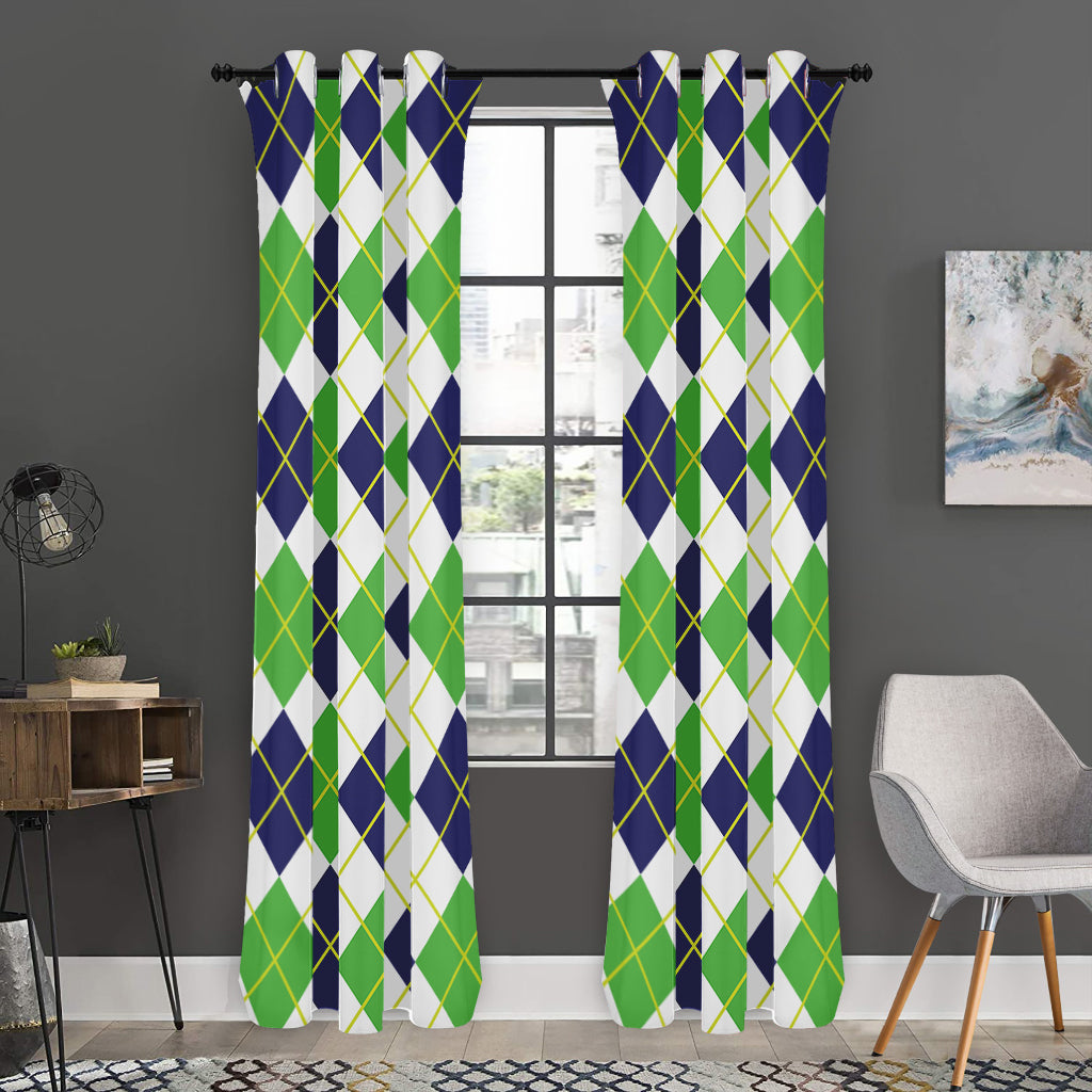 Navy Green And White Argyle Print Curtain