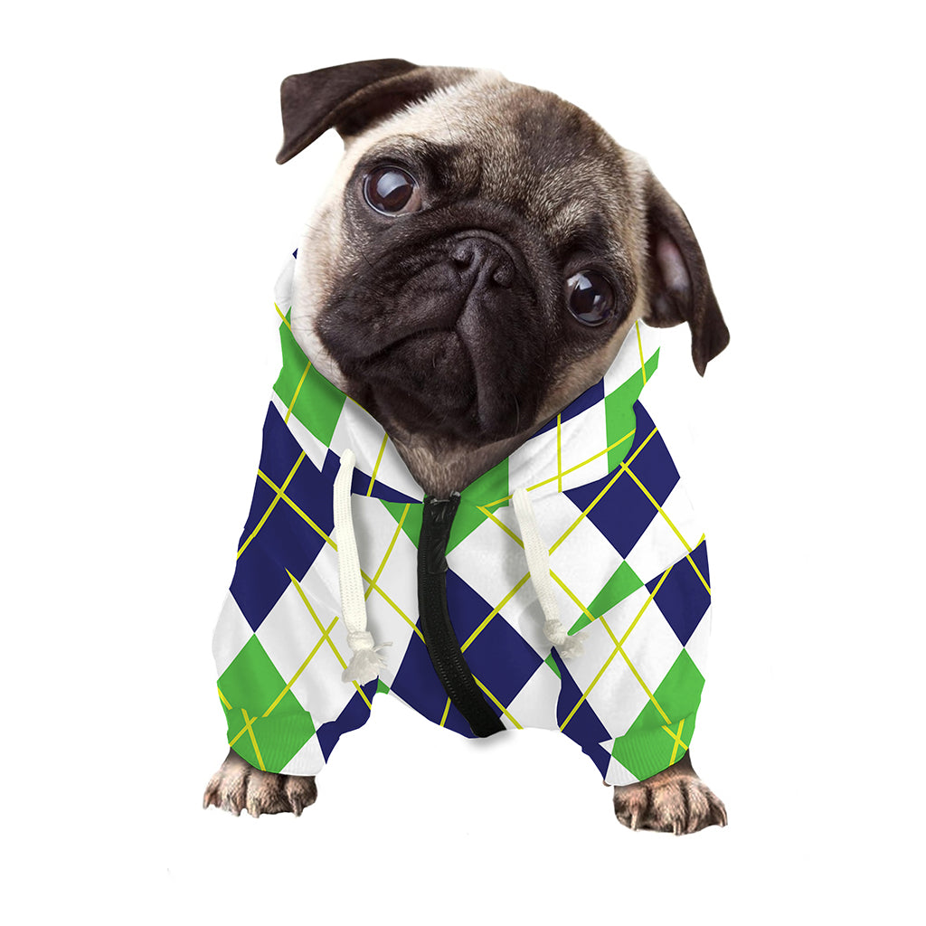 Navy Green And White Argyle Print Dog Zip Up Hoodie