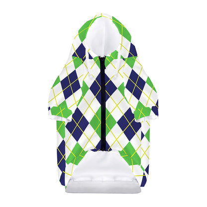 Navy Green And White Argyle Print Dog Zip Up Hoodie