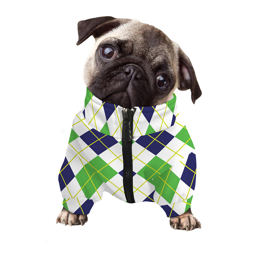 Navy Green And White Argyle Print Dog Zip Up Jacket