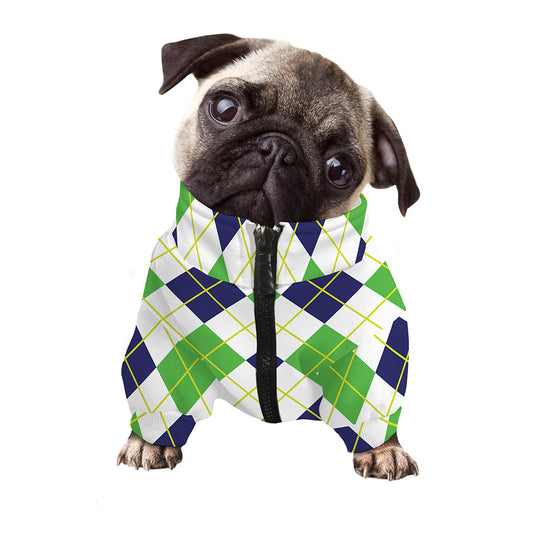 Navy Green And White Argyle Print Dog Zip Up Jacket