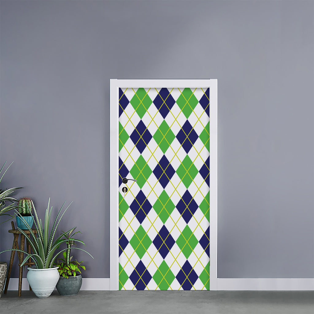 Navy Green And White Argyle Print Door Sticker