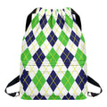 Navy Green And White Argyle Print Drawstring Backpack