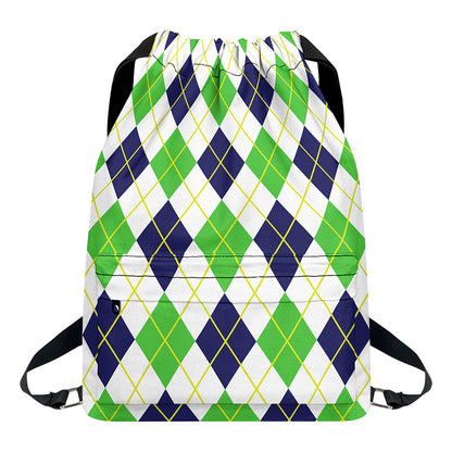 Navy Green And White Argyle Print Drawstring Backpack