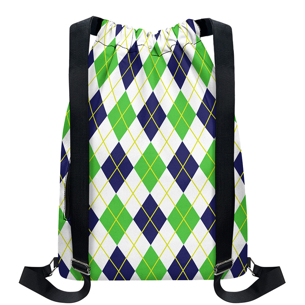 Navy Green And White Argyle Print Drawstring Backpack