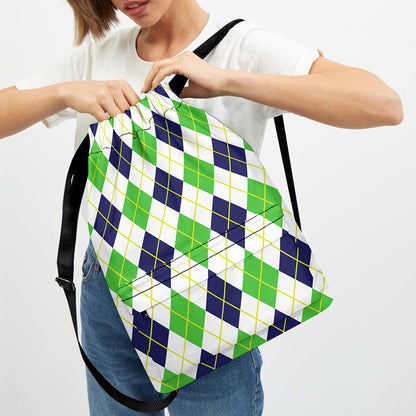 Navy Green And White Argyle Print Drawstring Backpack