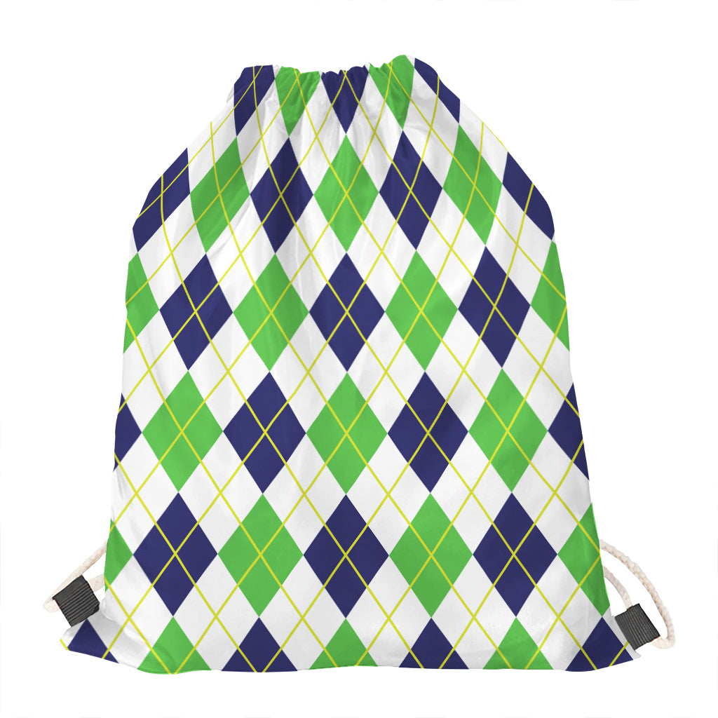 Navy Green And White Argyle Print Drawstring Bag