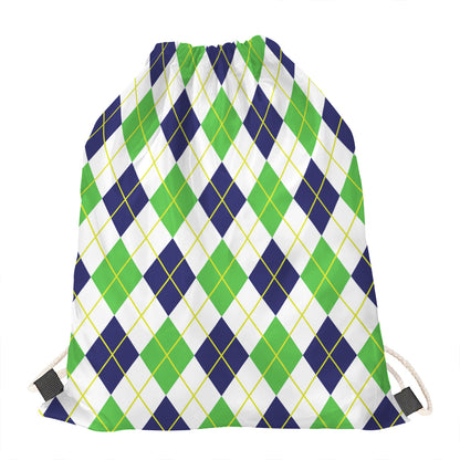Navy Green And White Argyle Print Drawstring Bag