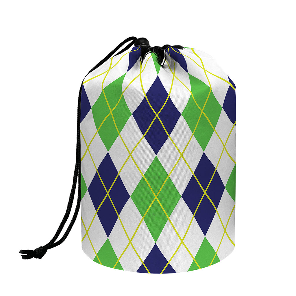 Navy Green And White Argyle Print Drawstring Makeup Bag