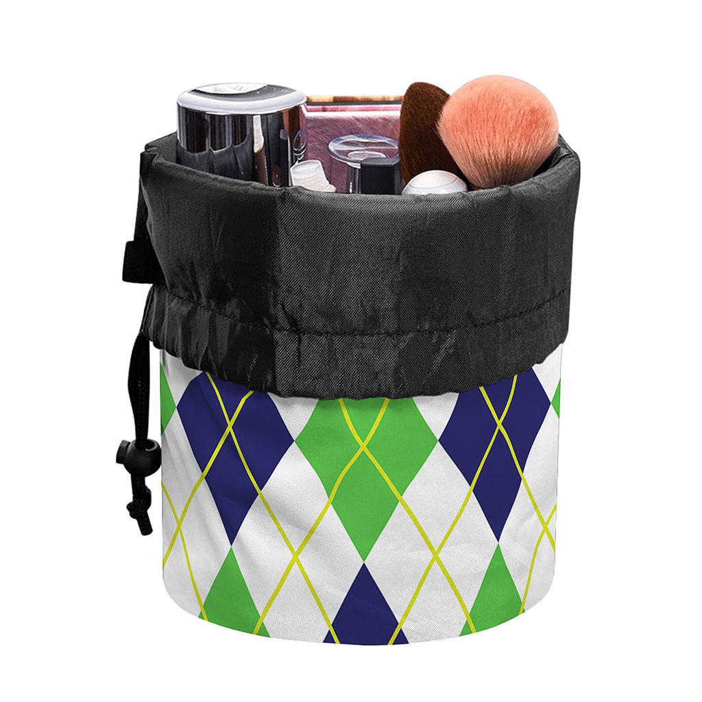 Navy Green And White Argyle Print Drawstring Makeup Bag