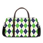 Navy Green And White Argyle Print Duffle Bag