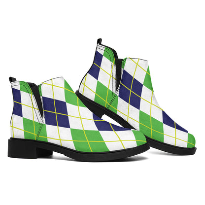 Navy Green And White Argyle Print Flat Ankle Boots