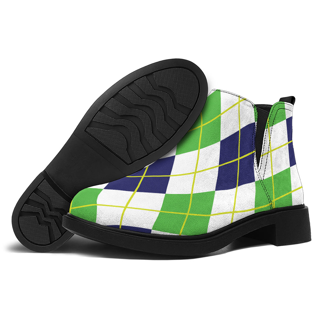 Navy Green And White Argyle Print Flat Ankle Boots