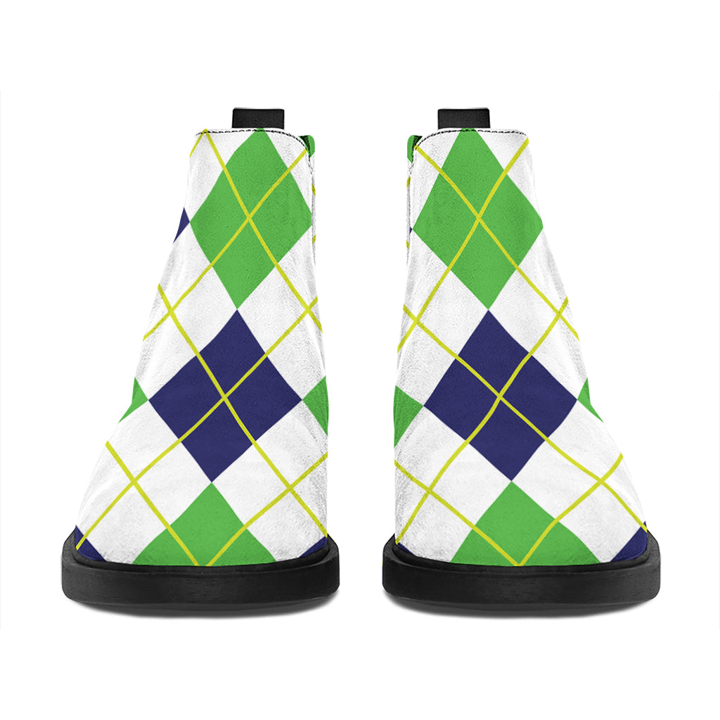 Navy Green And White Argyle Print Flat Ankle Boots