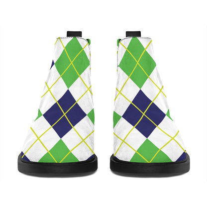 Navy Green And White Argyle Print Flat Ankle Boots