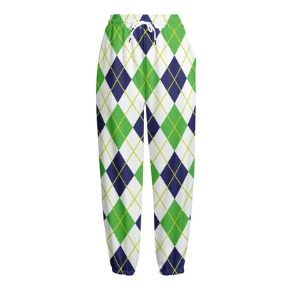 Navy Green And White Argyle Print Fleece Lined Knit Pants