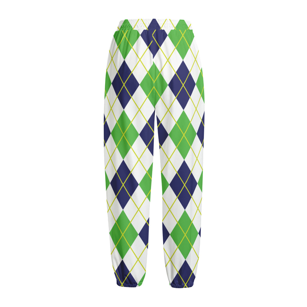 Navy Green And White Argyle Print Fleece Lined Knit Pants