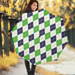Navy Green And White Argyle Print Foldable Umbrella