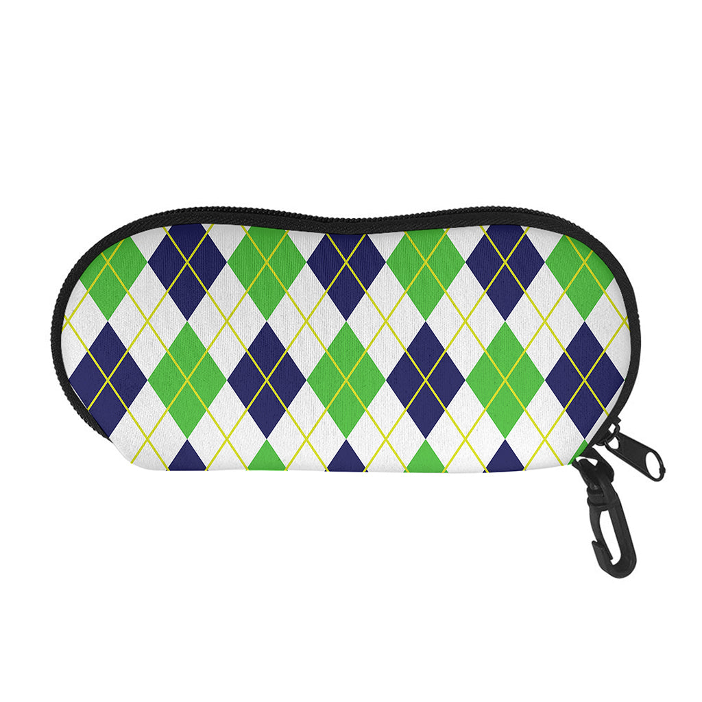 Navy Green And White Argyle Print Glasses Case