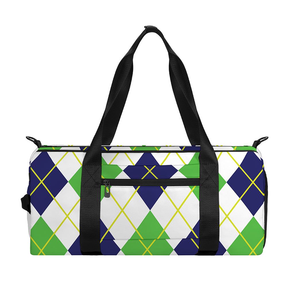 Navy Green And White Argyle Print Gym Bag