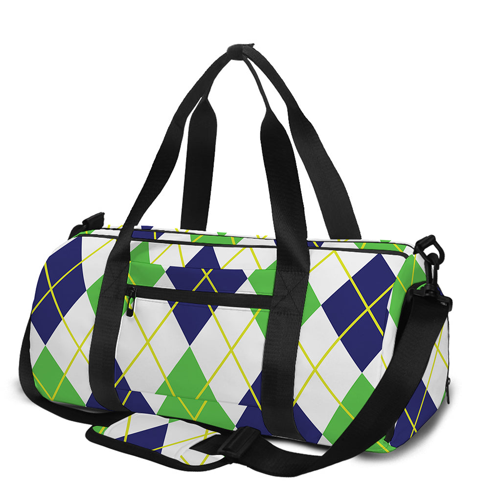 Navy Green And White Argyle Print Gym Bag