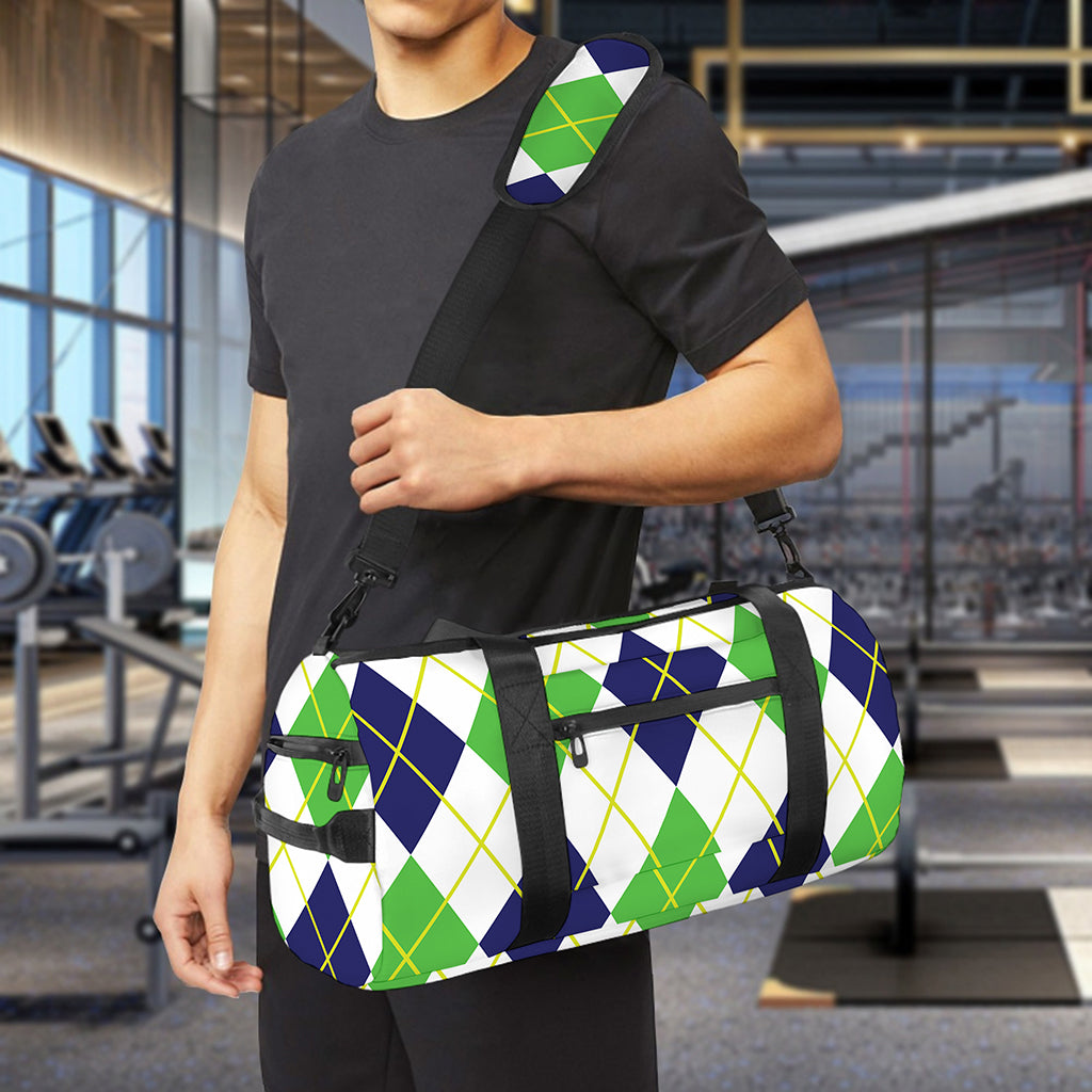 Navy Green And White Argyle Print Gym Bag