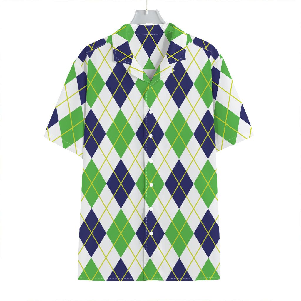 Navy Green And White Argyle Print Hawaiian Shirt