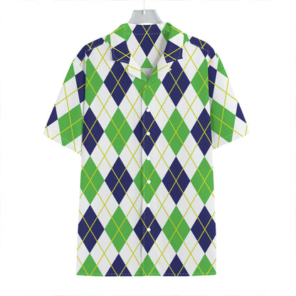 Navy Green And White Argyle Print Hawaiian Shirt