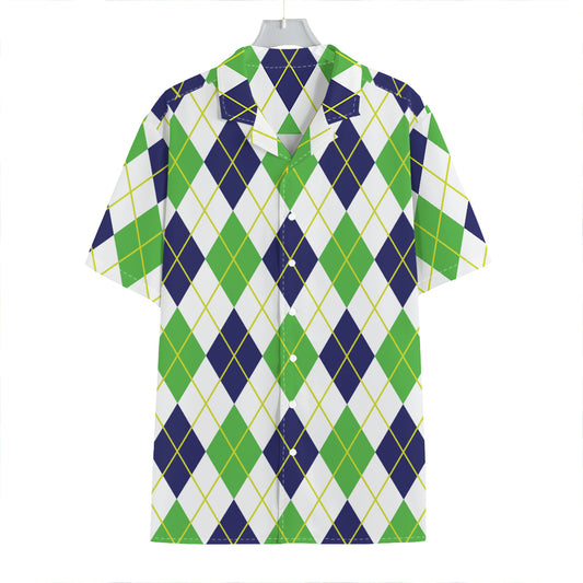 Navy Green And White Argyle Print Hawaiian Shirt