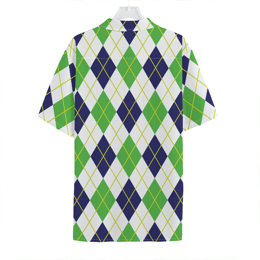 Navy Green And White Argyle Print Hawaiian Shirt