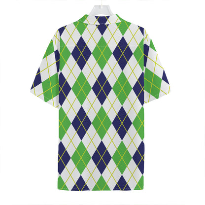 Navy Green And White Argyle Print Hawaiian Shirt