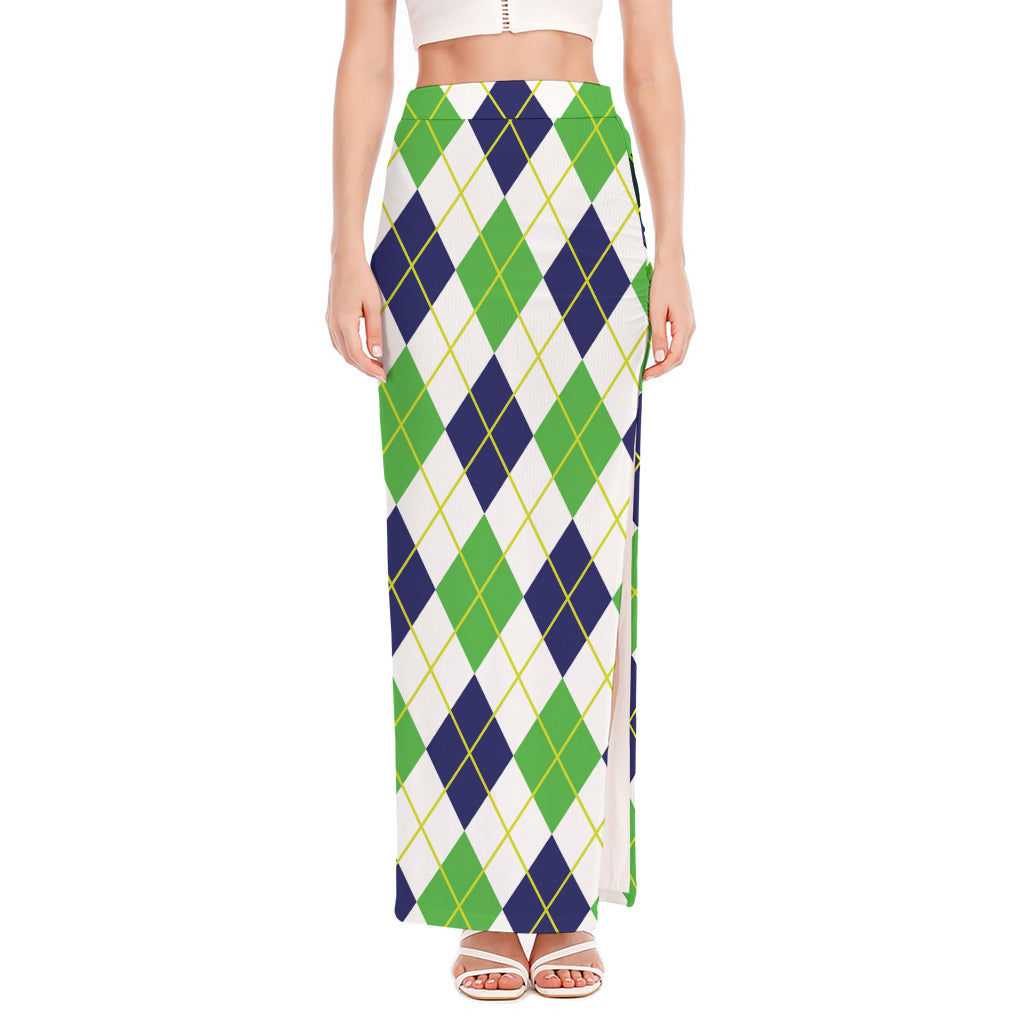 Navy Green And White Argyle Print High Slit Maxi Skirt