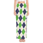 Navy Green And White Argyle Print High Slit Maxi Skirt