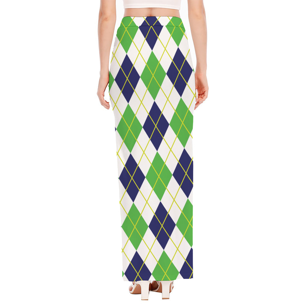 Navy Green And White Argyle Print High Slit Maxi Skirt