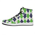 Navy Green And White Argyle Print High Top Leather Sneakers