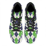 Navy Green And White Argyle Print High Top Leather Sneakers