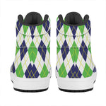 Navy Green And White Argyle Print High Top Leather Sneakers