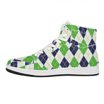 Navy Green And White Argyle Print High Top Leather Sneakers