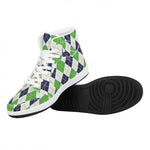 Navy Green And White Argyle Print High Top Leather Sneakers