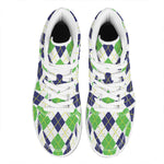 Navy Green And White Argyle Print High Top Leather Sneakers